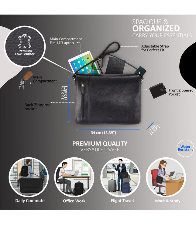 Genuine Leather Black Laptop Satchel Messenger Shoulder Bag - Astor