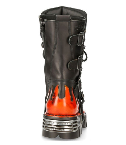 Back profile of New Rock 591-S1 boot showing red flame heel panel and metal badge