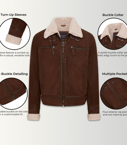 Mens Real Sheep Suede Bomber Jacket Aviator Jacket with Fur Lining - Brown