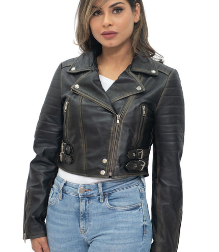 Womens Cropped Brando Leather Biker Jacket-Damascus - Silver
