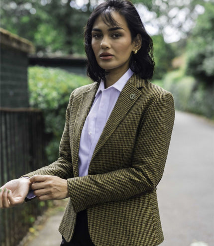 Women's Tailored Brown Dogtooth Wool Blend Tweed Blazer