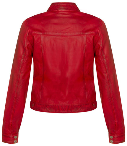 Womens Plain Leather Moto Biker Jacket-Braga - Red