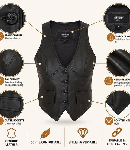 Womens Black Leather Waistcoat Biker Vest - MAM-WC
