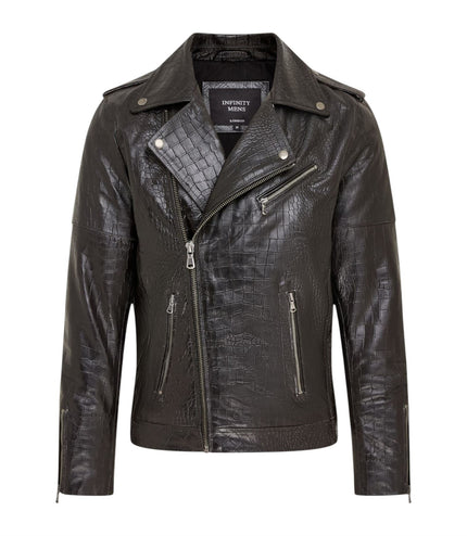 Mens Black Cow Leather Alligator Print Embossed Biker Jacket - Rot