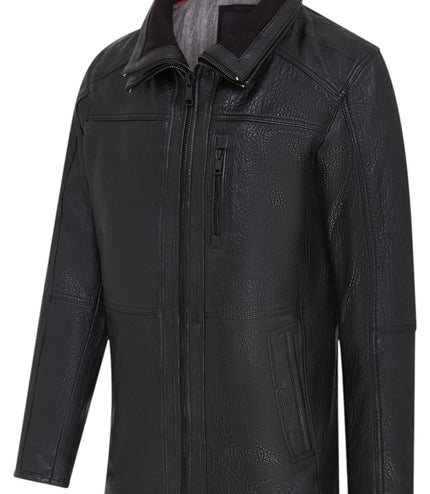 Mens Warm Mid-Length Leather Biker Coat - Sikander - Black