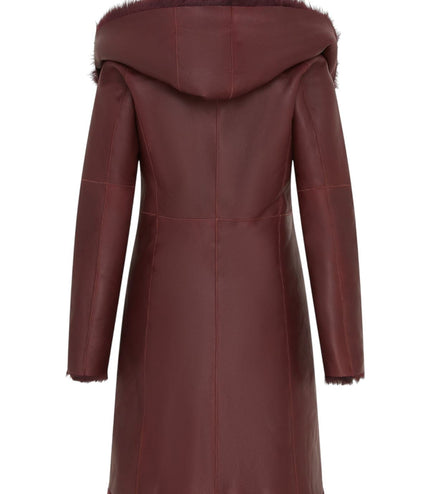 Womens Burgundy Red Toscana Sheepskin Leather Hooded Trench Coat - Coast