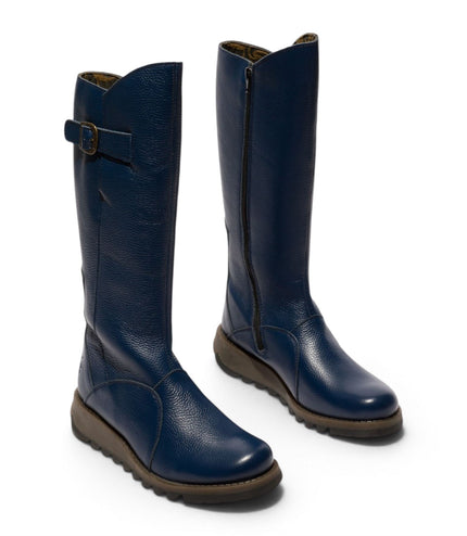Fly London Womens Navy Leather Wedge Heel Knee High Long Boots - MOL2