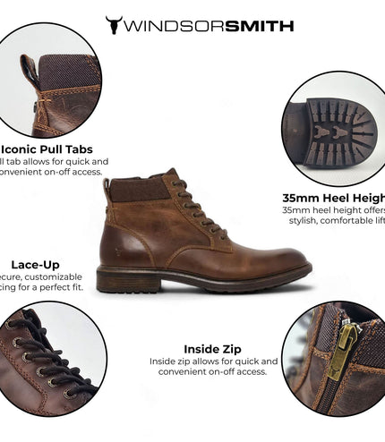 Windsorsmith Mens Brown Leather Casual Chelsea Chukka Ankle Boots - Beau