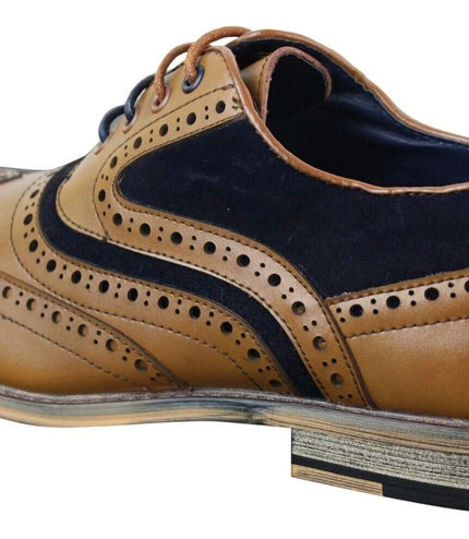 Mens Classic Navy Suede Oxford Brogue Shoes in Tan Leather