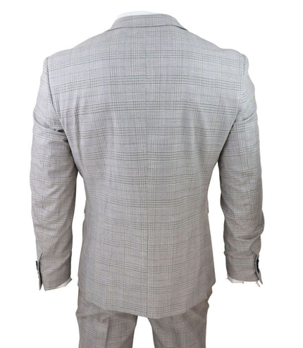 Mens Grey 3 Piece Tan Brown Check Tailored Fit Suit