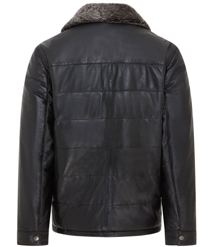 Men's Lamb Leather Puffer Bomber Warm Biker Jacket - Black