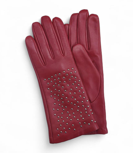 Womens Red Italian Leather Winter Studded Design Soft Wool Lining Gloves - L-GLV-601