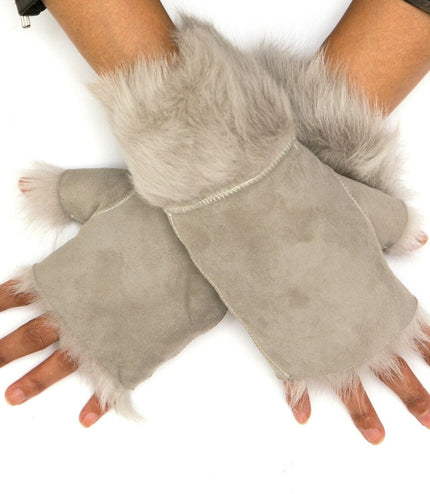 Womens Shearling  Mittens Fingerless Cuffs Toscana Suede Sheepskin Fur - Light Grey