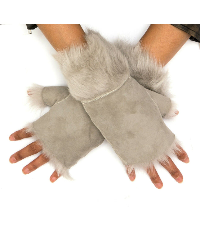 Womens Shearling  Mittens Fingerless Cuffs Toscana Suede Sheepskin Fur - Light Grey