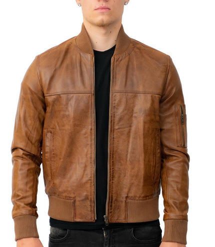 Mens Retro MA-1 Leather Bomber Jacket-Arlington