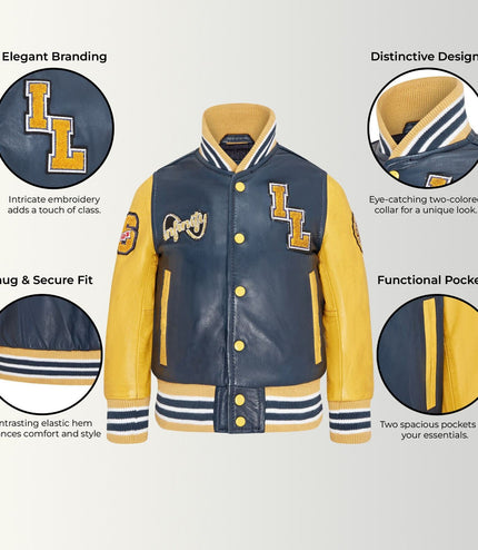 Kids Blue Letterman Leather Varsity College Bomber Jacket