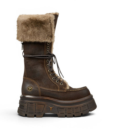 Windsorsmith Women's Brown Suede Leather Platform Combat Fur Boots - Saintly