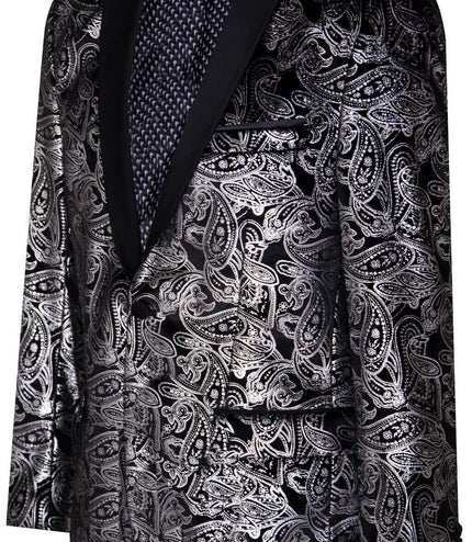 Mens Classic Silver Paisley Black Velvet Tuxedo Dinner Jacket Tailored Blazer