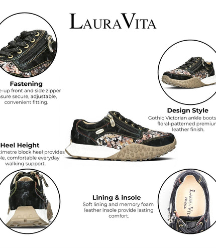 Laura Vita Women's Floral Black Leather Trainer Sneaker Shoes - Evitao-03