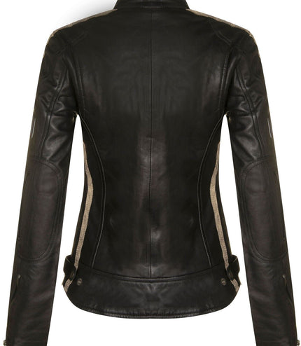 Womens Biker Racing Badges Leather Jacket-Eastleigh - Vintage Tan