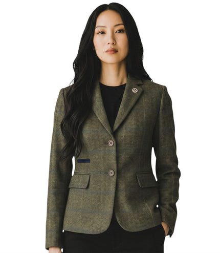 Women's Olive Tailored Check Tweed Blazer Formal Jacket - TPSTZ-7