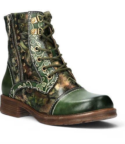 Laura Vita Women's Green Floral Victorian Leather Lace-up Ankle Boots - Anitao - 11
