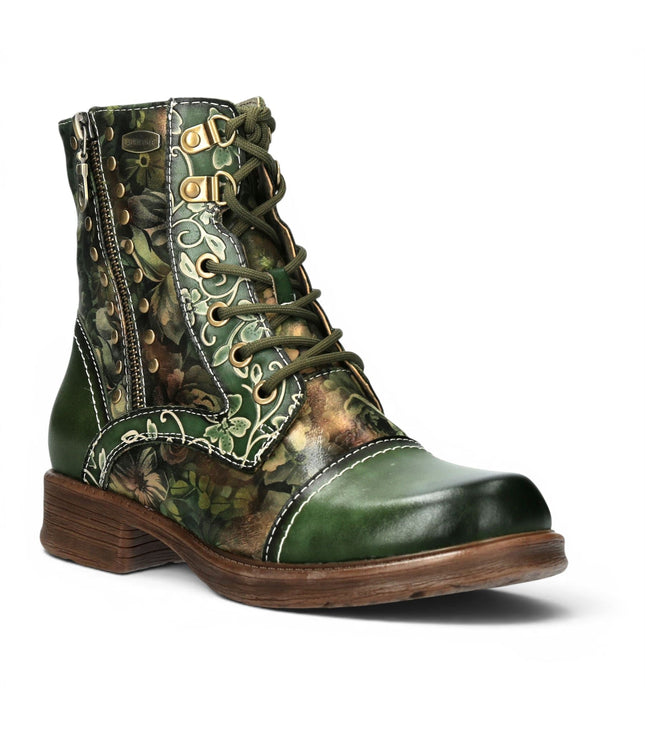 Laura Vita Women's Green Floral Victorian Leather Lace-up Ankle Boots - Anitao - 11