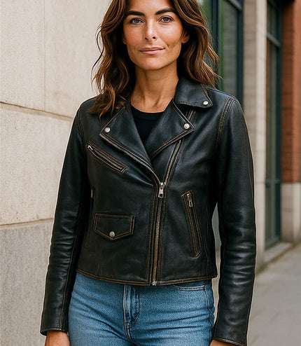 Women's Classic Brando Biker Leather Jacket - Broome - Vintage Black