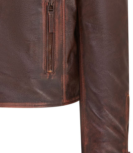 Mens Slim Fit Brando Style Double Cross Zip 100% Leather Biker Jacket - Brown