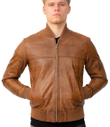 Mens Retro MA-1 Leather Bomber Jacket-Arlington