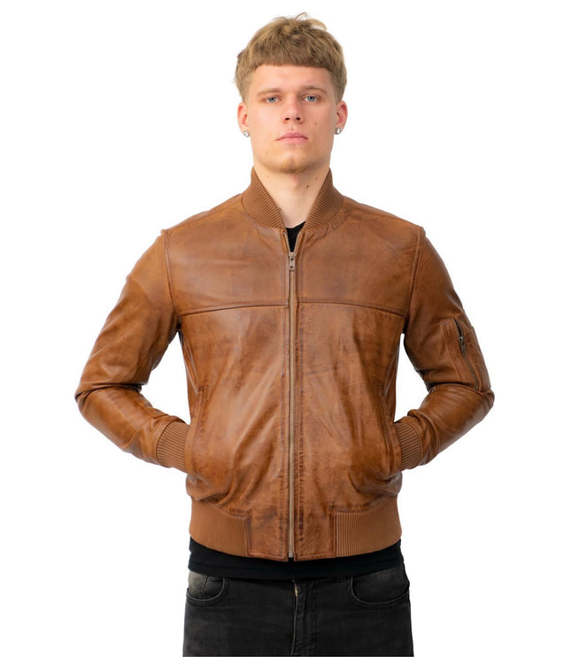 Mens Retro MA-1 Leather Bomber Jacket-Arlington