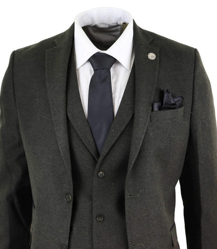Mens 3 Piece Olive Green Wool Tweed Vintage Retro Suit