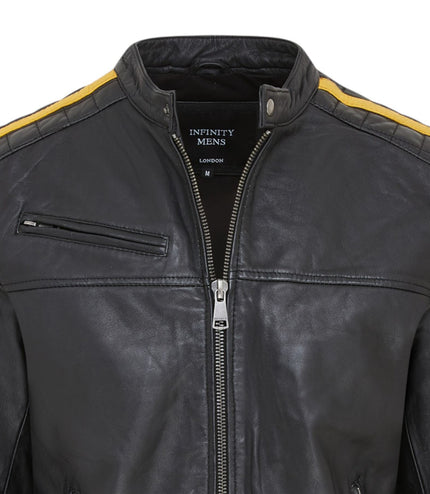 Men's Classic Quilted Black Yellow Leather Biker Jacket - Meridian