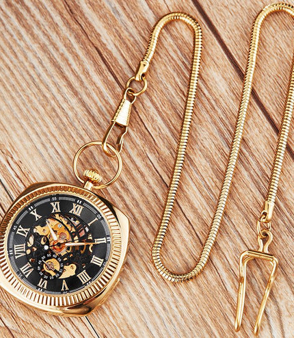 Mechanical Golden Vintage Skeleton Square Open-Face Pocket Watch