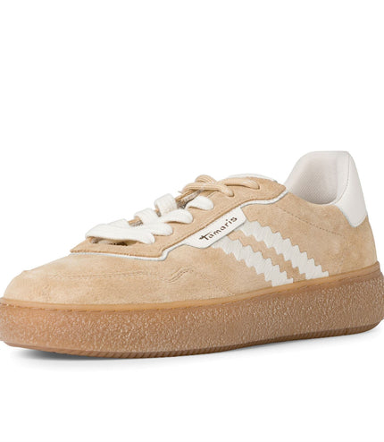 Tamaris Womens Beige White Leather Fashion Stripe Lace Up Sneakers
