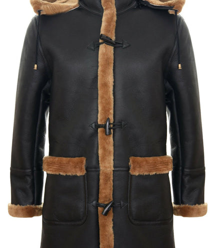 Mens Winter Sheepskin Hooded Duffle Coat-Helsinki - Brown Ginger