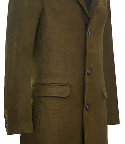 Men's Long Olive Wool Slim Fit Overcoat