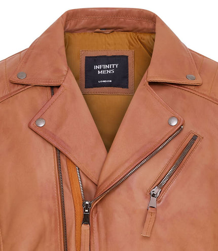 Mens Slim Fit Brando Style Double Cross Zip 100% Leather Biker Jacket - Tan