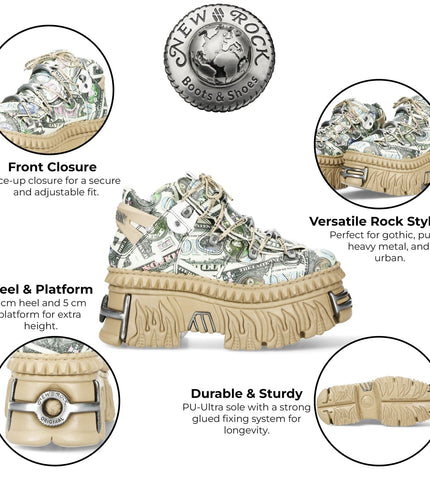 New Rock M-106Wall-C49 Dollar Bill Print Leather Platform Ankle Boots