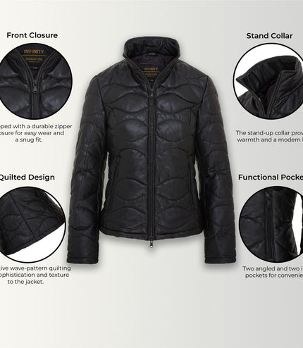Womens Puffer Warm Quilted Leather Bomber Jacket - Black