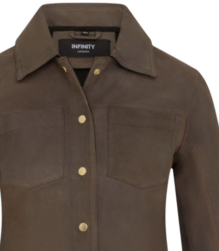 Womens Taupe Brown Leather Shacket Collar Jacket - Lofar