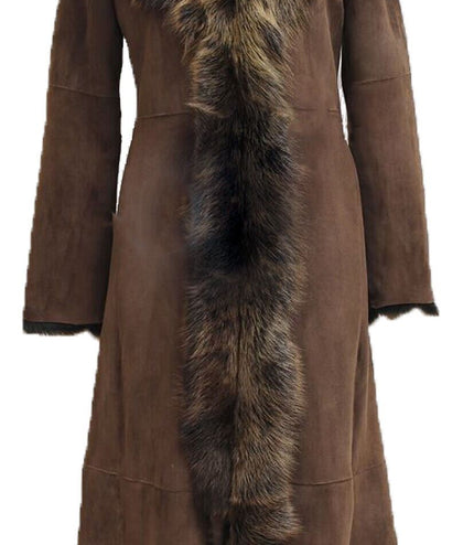 Womens Suede Toscana Sheepskin Hooded Trench Coat-Rushden - Brown Gold