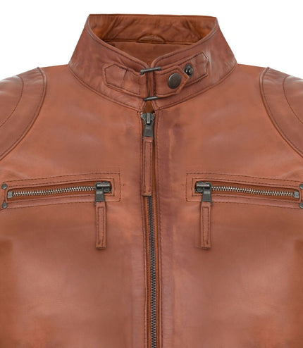Mens Moto Leather Biker Jacket-Taiwan - Tan