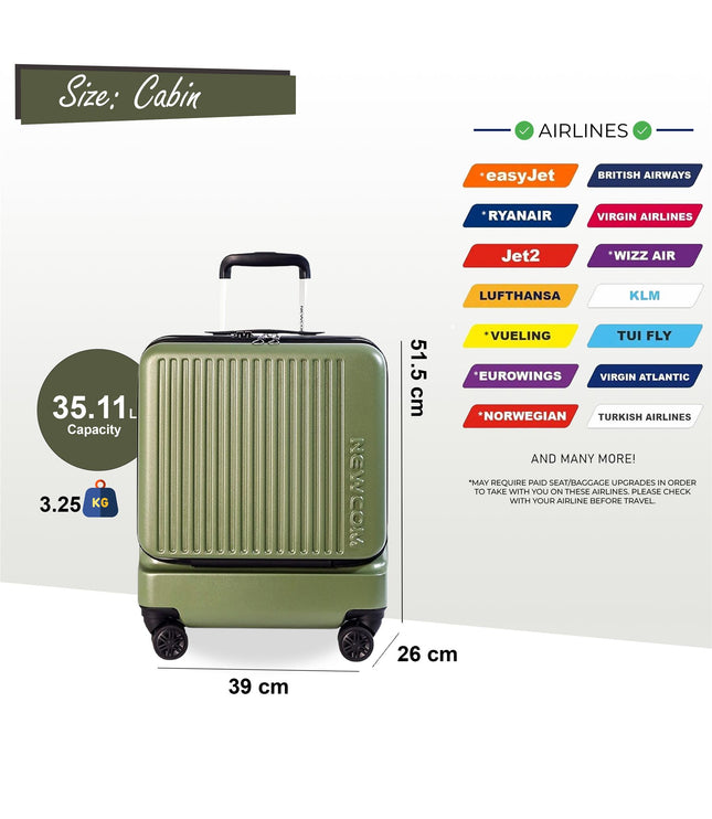 Durable EasyJet Ryanair 39 x 26 x 51.5 cm Olive Green Front Open Cabin Luggage Travel Suitcase