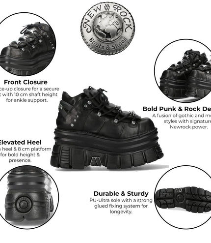New Rock M-106-C178 Black Tower Gothic Punk Chunky Ankle Boots