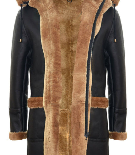 Mens Winter Sheepskin Hooded Duffle Coat-Helsinki - Brown Ginger