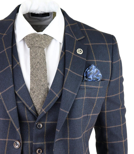 Mens Navy Blue Check 3 Piece Tweed Suit Peaky Blinders 1920s Gatsby Tailored Fit