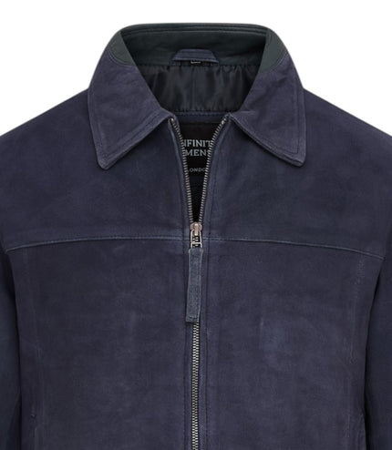 Mens Navy Goat Suede Leather Harrington Biker Jacket - Berlin