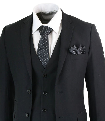 Mens 3 Piece Plain Black Classic Retro Suit