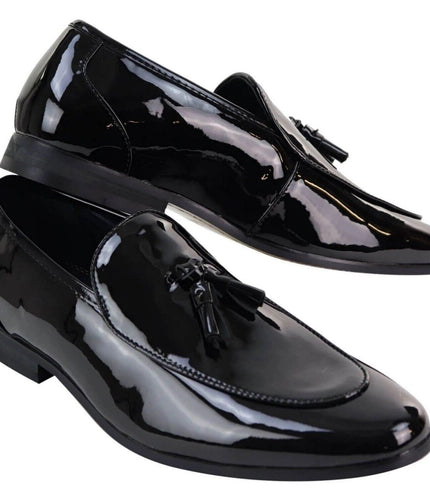 Mens Tasselled Black Patent Leather Slip On Loafers